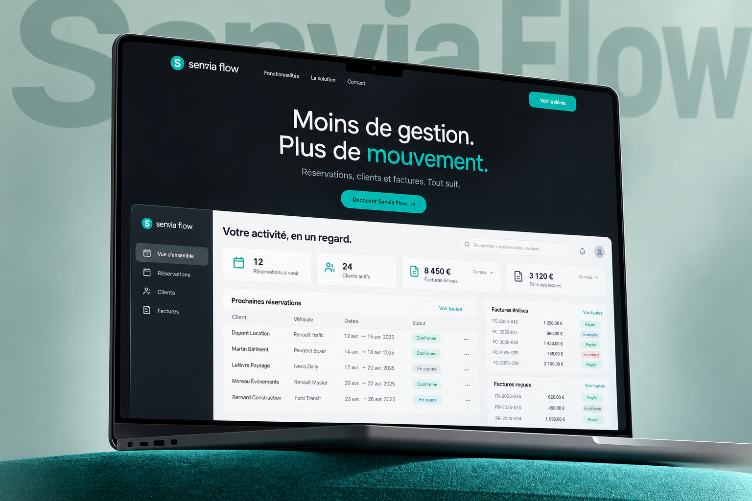 Senvia Flow dashboard on graphite laptop